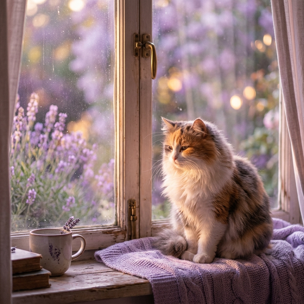 Aesthetic fluffy cat sitting on a windowsill